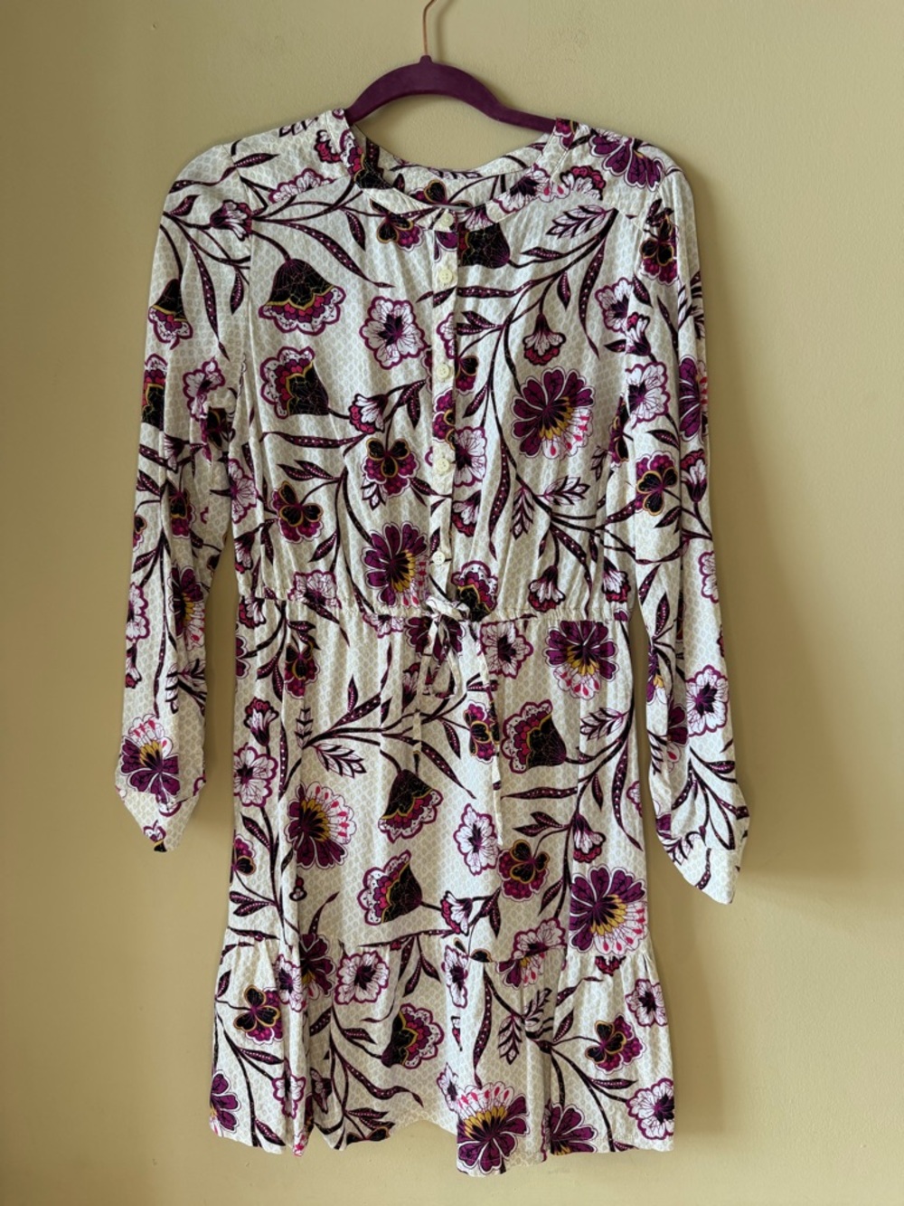 LOFT Purple & Cream Floral Button-Front Mini Dress with tie waist
